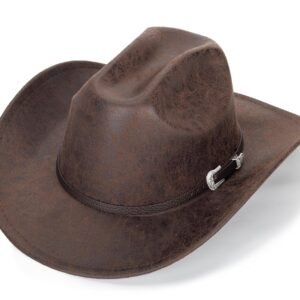 Women-Men Classic-Western Cowboy-Hat - Wide-Brim Pu Leather Cowgirl Cap Fedora Hats with Buckle Outback for Outdoor (22")