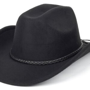 Women & Men Felt Western Cowboy Hat Classic Roll Up Brim Belt Buckle Cowgirl Fedora (M-L)