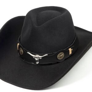 Women & Men Felt Western Cowboy Hat Classic Roll Up Brim Belt Buckle Cowgirl Fedora (M)