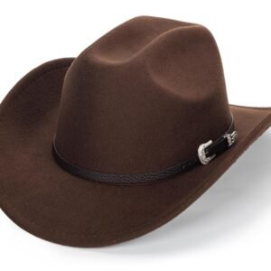 Women Men Western-Cowboy-Cowgirl-Hat Outdoor Faux Felt Wide Brim Western-Belt-Buckle Panama Fedora Hat(M)