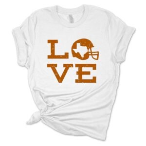Women's Texas Tshirt Love Helmet Texas Burnt Orange State College Football Short Sleeve T-Shirt