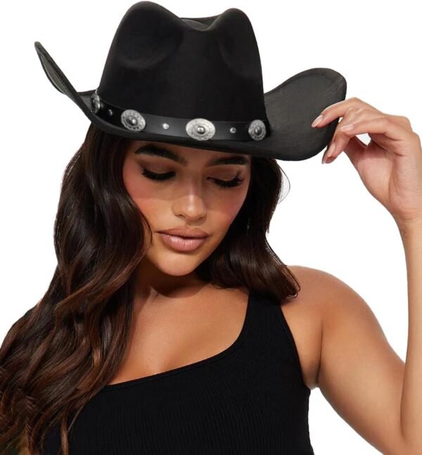 Womens Western Cowboy Hats Studded Pinched Western Cowgirl Hats Wide Brim Fedoras Hat with Belt Buckle (Size:Medium)