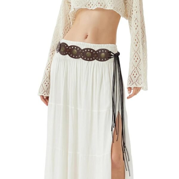 XZQTIVE Women's Boho Disc Belt Concho Western Cowgirl Cowboy Belt for Ladies Wide Vintage Leather Waist Belt for Dress
