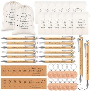 Yeaqee 12 Sets Employee Appreciation Gift Include Motivational Burlap Drawstring Bags Wood Retractable Ballpoint Pens Inspirational Keychain Thank You Kraft Cards for Coworker...