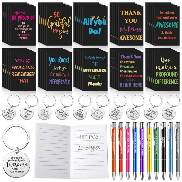 Yeaqee 180 Pcs Employee Appreciation Gifts Inspirational Notebooks Motivational Pens Thank You Keychains Thank You Gifts for Teacher Women Team Coworkers